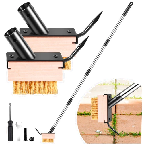 MUDEREK Crack Weeder Tool - Weed Puller Tool with 2 Heads and Scraping Hook, Paver Weeding Moss Remover Brush with Adjustable Steel Handle for Cleaning Paving Joint Sidewalk Patio Stone Driveway Deck