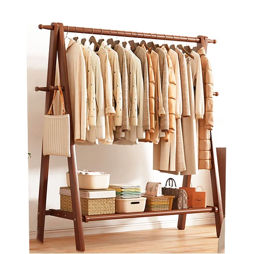 ZHKXMTM All Beech Clothing Rack,Load 220LBS，coat rack，heavy duty clothes rack wood，Portable Folding Clothes Rack ，clothing racks for hanging clothes with Shoe Clothing Storage Organizer 2 Shelves ( Color : Si