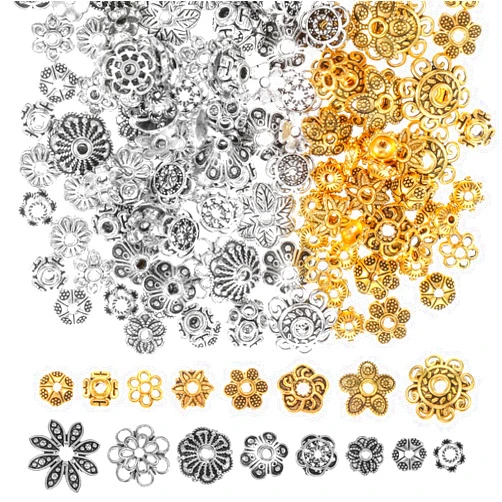Bremorou Flower Spacer Beads Caps Gold Silver Filigree Bead Caps Metal Filigree Flower Cup Shape Bead Bails End Charm Caps Bead Caps For Jewelry Making Bracelet Necklace Earrings Diy Crafts Supplies