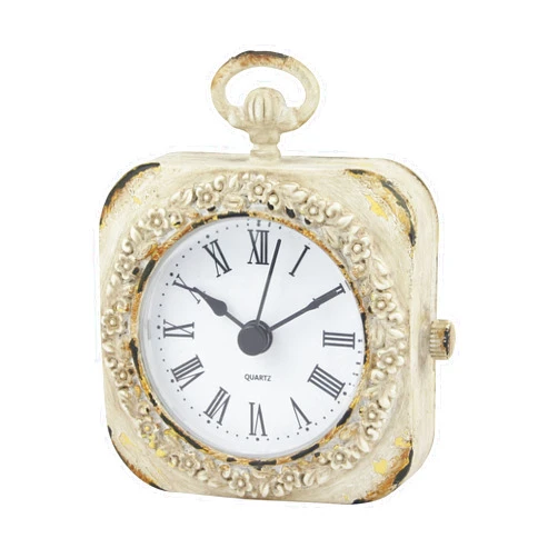 Stonebriar Small 4 Inch Decorative Table Top Clock with Roman Numerals and Antique White Finish