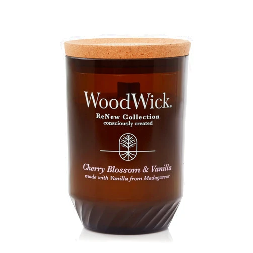 WoodWick® Renew Large Candle, Cherry Blossom & Vanilla Scented Candles, 13oz, Plant Based Soy Wax Blend, Made with Upcycled Materials and Essential Oils, Up to 75 Hours of Burn Time
