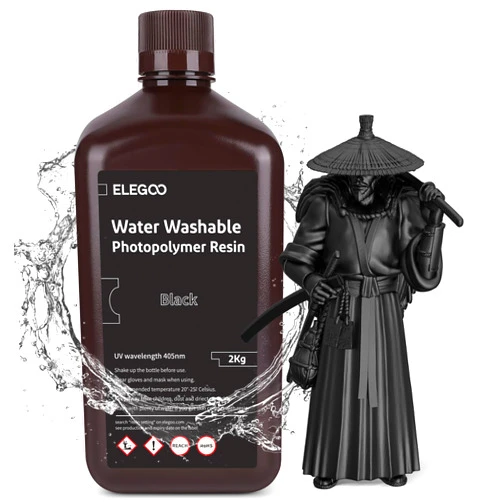Deeplee ELEGOO Water Washable 3D Printer Resin, 405nm Rapid UV Curing Standard Photopolymer Resin, Easy to Clean, High Precision 3D Water Wash Resin for LCD/MSLA/DLP 3D Printer Printing, Black 2000G