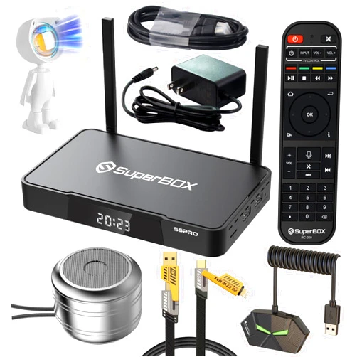 QIANHAODUO Newest Version S5 P r o Super TV Box 2024,4GB RAM+32GB ROM,with Voice Remote,6K HDMI,2T2R,1*Portable Audio,1 *Sunset Light,1 * 4-in-1 Data Cable,1*Hub,Newest Super Bundle Box,Detailed Setup Guide