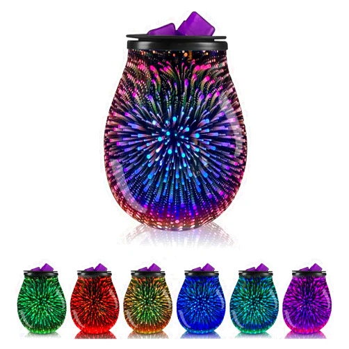 Leyoue 3D Glass Fireworks Electric Wax Melt Warmer with PTC Heating Plate 7 Colors LED Changing Light Wax Burner Melter Fragrance Warmer for Home (3D)