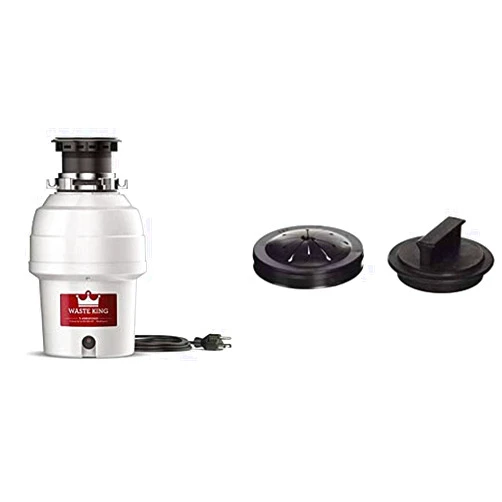 Waste King L-3200 Garbage Disposal with Power Cord, 3/4 HP & King 1025 EZ Mount Garbage Disposal Stopper and Splash Guard, Black