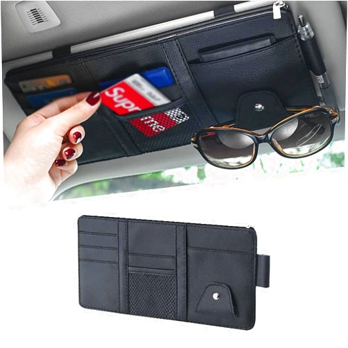 UGSHY Pack of 1 Leather Zipper Visor Storage Bag, Multifunctional Pocket Business Card Holder, 11.4In x 5.9In Car Sun Visor Organizer, for Men Women Car Interior Receiving (Black)