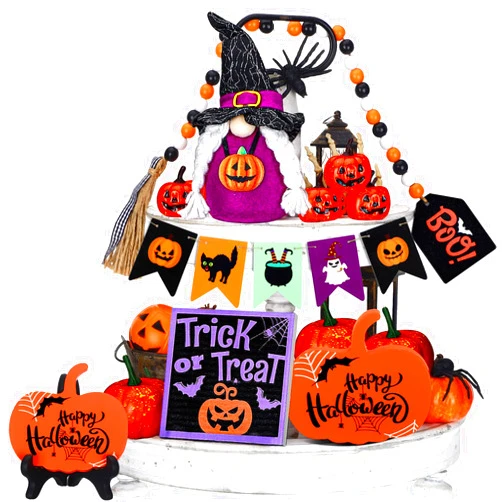 Bucherry 12 Pcs Halloween Tiered Tray Decor Including Trick or Treat Table Signs Plush Gnomes Dolls Rustic Pumpkin Wooden Centerpieces Wood Bead Garland for Happy Halloween Party Decoration (Pumpkin)