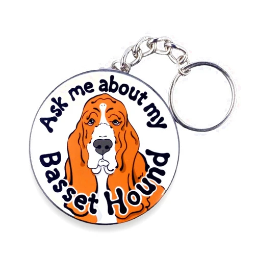 The Cloudy Corgi Basset Hound Keychain, Ask Me About My Dog Key Ring, Pet Portrait Gifts & Accessories, 2.25
