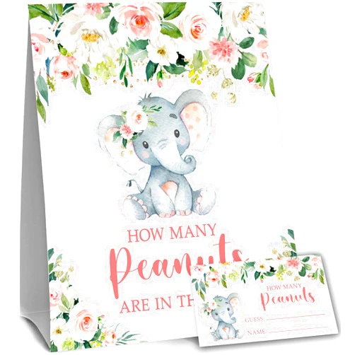 Yuzioey Pink Elephant Guess How Many Peanuts Baby Shower Game, 50 Cards and Matching Standing Sign, Girl Elephant Baby Shower Guessing Game