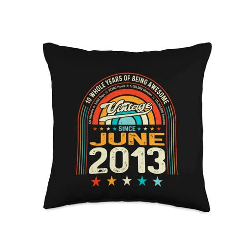 GTee Vintage 10th Birthday Version 2023 10th Birthday Kids 10 Years of Being Awesome Born June 2013 Throw Pillow, 16x16, Multicolor