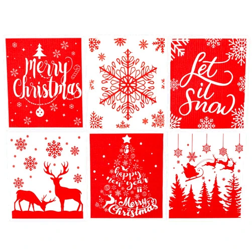 Whaline 6Pcs Christmas Swedish Dishcloths Red White Xmas Tree Snowflake Reindeer Kitchen Dish Towel Reusable for Christmas Winter New Year Baking Cooking, 6.7 x 7.7Inch
