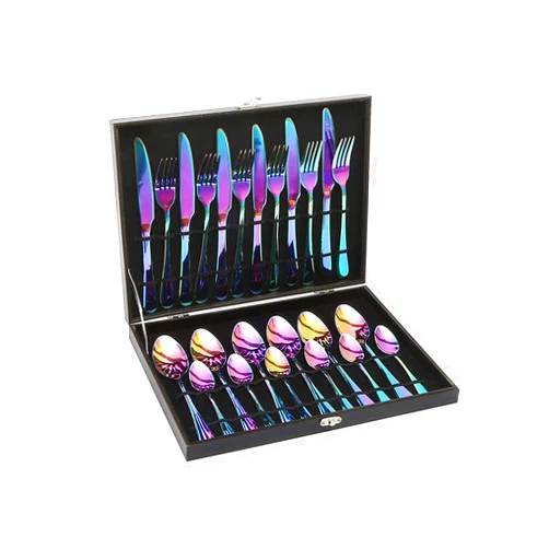 Lightahead 24pcs Rainbow colored Iridescent Stainless Steel Flatware Premier Quality Rainbow Colored Tableware Cutlery Set in attractive Black Gift Box (Multicolored)