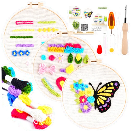 Pllieay 3 Sets Punch Needle Embroidery Kits, All-Inclusive Embroidery Kit for Beginners with Pre-Printed Fabric, Hoop, Yarns & Tools – Good Stitching Kit & Embroidery Starter Kit