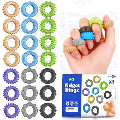 KLT Fidget Toys Kids Sensory Ring: 24 Pack Textured Finger Rings - ADHD Autism Kids Sensory Calming Toys - Quiet Skin-Picking Fidgets for Classroom