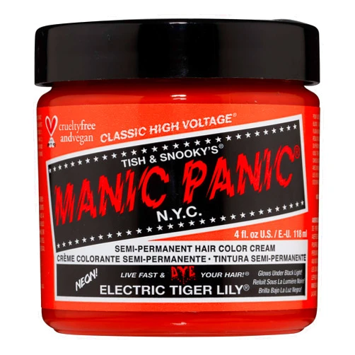 MANIC PANIC Electric Tiger Lily Orange Hair Dye – Classic High Voltage - Semi Permanent Bright Orange Neon Hair Color That Glows In Black Light - Vegan, PPD, Ammonia Free (4oz)