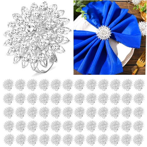 Geiserailie 72 Pcs Silver Napkin Rings Flower Crystal Bling Rhinestone Rings Floral Rhinestone Napkin Holders for Wedding Birthday Party Dinner Home Table Decoration