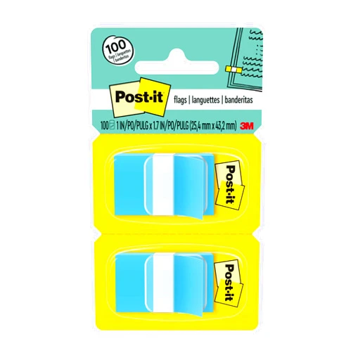 Post-it Flags, 50/Dispenser, 2 Dispensers/Pack, 1 in Wide, Bright Blue (680-BE2)