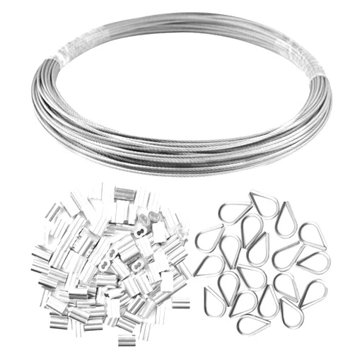 Yookat Wire Rope Cable Includes 1/16inch x 66Feet Stainless Steel Wire Rope Cable 100Pcs Aluminum Crimping Sleeves and 20Pcs Stainless Steel Thimble Cable Railing Kits