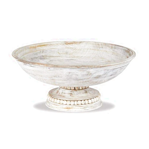 Mud Pie Beaded Wood Pedestal Bowl, White, 6