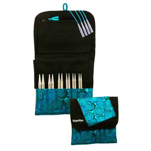 HiyaHiya Knitting Needle Set, Large Tip Sizes (US 9-15), 5 inch Sharp Steel Interchangeable Needles with Brocade Case and Needle Grips