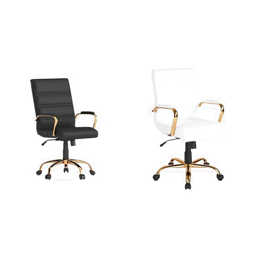 Flash Furniture Whitney Mid-Back LeatherSoft Executive Office Chair Bundle - Black and White Chairs with Gold Frame and Adjustable Height