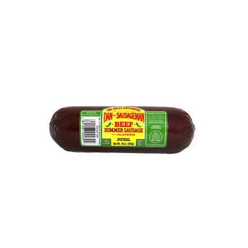 Dan the Sausageman's Jalapeño Smoked Summer Sausage – 10 oz. of 100% Beef with a Mild Jalapeño Flavor and Perfectly Balanced Spices! Ready to eat, shelf-stable, and gluten-free.