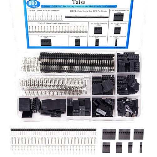 Taiss 600PCS Dupont Connector Kit 2.54mm 1/2/3/4/5/6/7 Pin Housing Connector and Male Female Crimp Pin,Dupont Crimp Pin Adaptor Assortment,Jumper Wire Cable Pin Header
