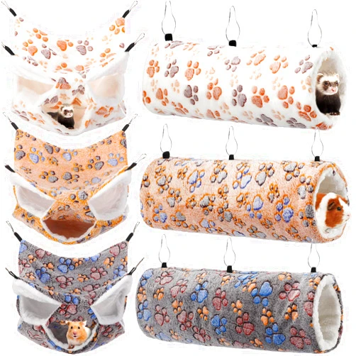 GliCraft 6 Pieces Rat 3 Tier Hammock Set Ferret Hanging Tunnel Guinea Pig Hideout Soft Hamster Bed for Cage Small Animal Toy Accessories for Rat Ferret(Cute Color)