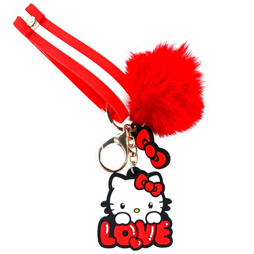 Surreal Entertainment Hello Kitty Keychain | Hello Kitty Key Ring | Kawaii Pom Pom Fuzzy Key Chain | Kawaii Plush Lanyard Keychain | Sanrio Cat Figure Charm | Cute Sanrio Kitty Clip PomPom | Red | Officially Licensed