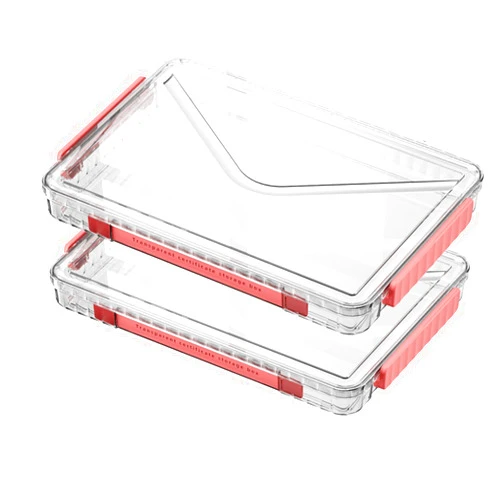 RHONZHAO 2 Pack Clear Plastic File Storage Boxes with Latching Lids, Transparent Certificate Organizer with Handle, Portable Project Case for Drawers, Clear Stackable File Box (‎Red Latches, Small)