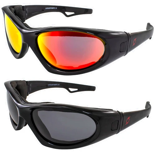 Hurricane Eyewear Category 5 Jet & Ski Floating Sunglasses to Goggles 2 Pairs Black Frames with Red Mirror & Polarized Smoke Lenses