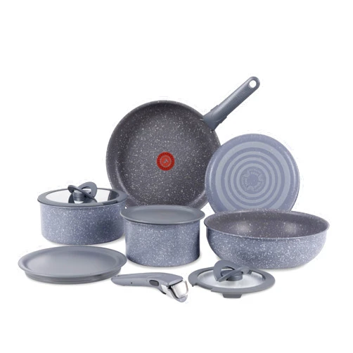 T-fal Ingenio Essentials Cookware Set with Detachable/Removable Handle 11 Piece, Granite Titanium Non Stick, Oven Broiler Safe 500F, Stackable, Pots and Pans Set, Frying Pans, Dishwasher Safe, Gray