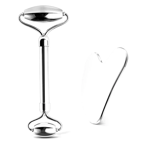 SOLENOBLE Stainless Steel Facial Roller & Gua Sha,Gua Sha Facial Tools Stainless Steel, GuaSha Tool and Face Roller Set - Metal Face Roller, Facial Tension, Sturdy