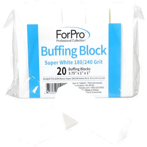 ForPro Professional Collection Buffing Block, Super White, 180/240 Grit, Four-Sided Manicure and Pedicure Nail Buffer, 3.75