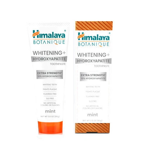 Himalaya Botanique Whitening+ Hydroxyapatite (nHA) Toothpaste, Extra Strength with 10% Hydroxyapatite, for Whiter Teeth & Fresher Breath, Mint Flavor, Fluoride-Free, SLS Free & Vegan, 3 oz.