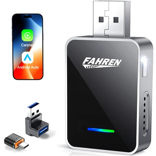 FAHREN 2-in-1 Wireless CarPlay & Android Auto Adapter, One-Click User Switching Car Play Wireless Adapter, Converts Wired to Mini Bluetooth Carplay adapter, Compatible iOS & Android with USB A & USB C