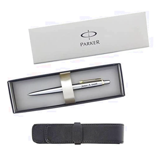 Parker Personalized/Engraved Jotter Stainless Steel & Gold Ballpoint Pen with Leather Case and Gift Box - Custom Engraved with your Name (Stainless Gold)