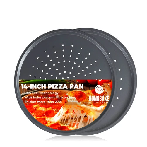 HONGBAKE 14 Inch Pizza Pan with Holes, 2 Pack Non-Stick Pizza Pan for Oven, Carbon Steel Perforated Pizza Tray, Crispy Pizza Set, Round Baking Sheet for Frozen & Homemade Pizza, Grey