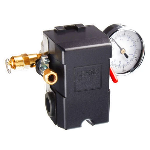 I.E.E 26 AMP H/D PRESSURE SWITCH AIR COMPRESSOR 145-175 4 PORT w/0-200 psi Gauge & 200 psi Pop off valve