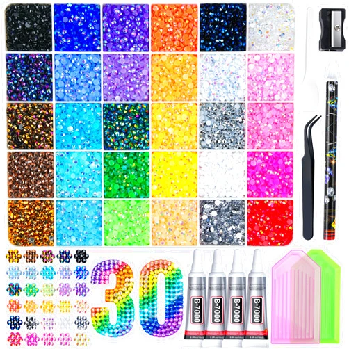 LOTWOW 40000 Pcs Resin Jelly Rhinestones Kit, 30 Colors 3mm Flatback Rhinestones with 4 Pcs B7000 Jewelry Glue & Tools, All-in-One Bedazzling Kit for DIY Arts & Crafts Gifts