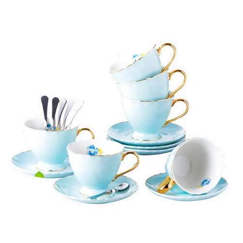 Jusalpha® Fine China Tea Cup and Saucer Coffee Cup Set with Saucer and Spoon Set of 6 (FD-TCS02 blue (6), 7oz)