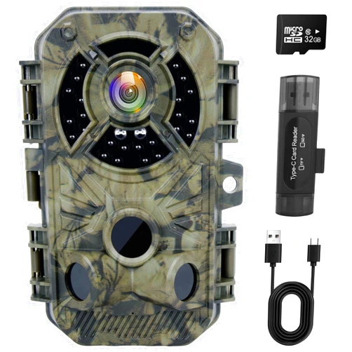 XJwecavi Trail Cameras with Night Vision Motion Activated Waterproof IP66 No Glow Infrared LED for Outdoor Wildlife Monitoring,Hunting Cam Game Cameras with Free 32G Micro Card and Card Reader