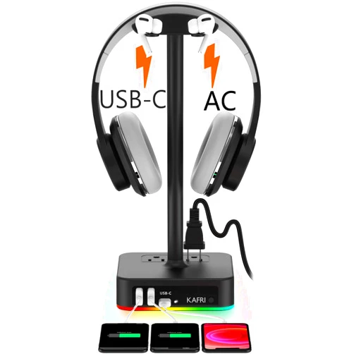 KAFRI RGB Headphone Stand with USB A&C Charger Desk Gaming Headset Holder Hanger Rack with 3 USB Charging Port and 2 Outlet - Suitable for Gamer Desktop Table Game Earphone Accessories Boyfriend Gifts