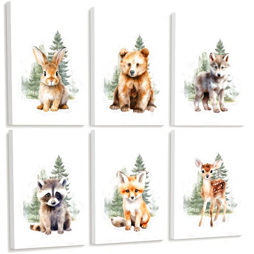 Joocrise Woodland Animal Nursery Wall Art Decor Set of 6 Baby Boys Room Wall Art Forest Animal Canvas Wall Decor Kids Art Prints Watercolor Bear Deer Fox Pictures Artwork for Bedroom 8x10 Inch Framed