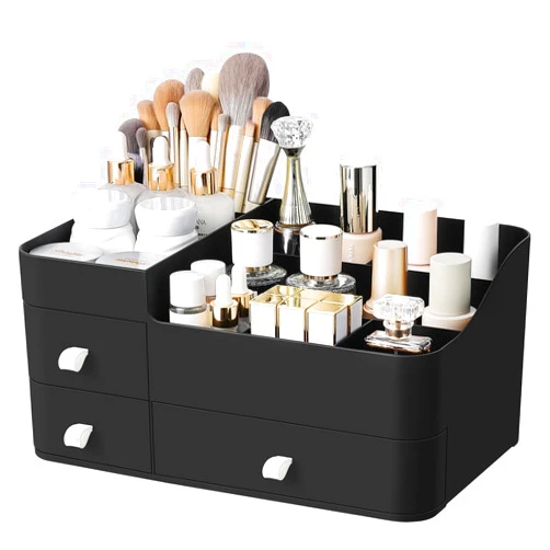 ONXE Makeup Organizer With Drawers,Large Countertop Storage for Cosmetics Elegant Vanity Holder for Brushes, Eyeshadow, Lotions, Lipstick, Nail Polish and Jewelry (black)