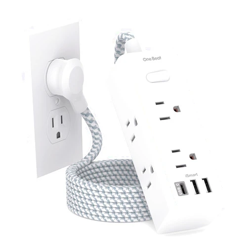 One Beat Power Strip Surge Protector - 6 Widely Outlets with 3 USB Ports (1 USB C), 3-Side Outlet Extender Strip, 5 Ft Extension Cord Flat Plug, Wall Mount Small Power Strip for Travel Home Office College Dorm