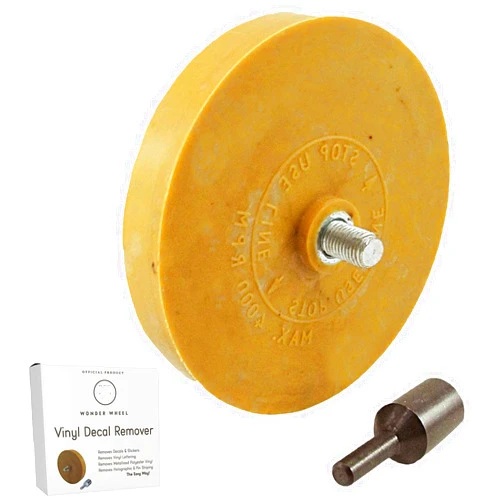 Whizzy Wheel Wonder Wheel Adhesive Remover and Car Decals Eraser Kit - 4-Inch Rubber Wheel for Removing Stickers, Decals, and Vinyl - Ideal for Vehicles, Drill Adapter Included