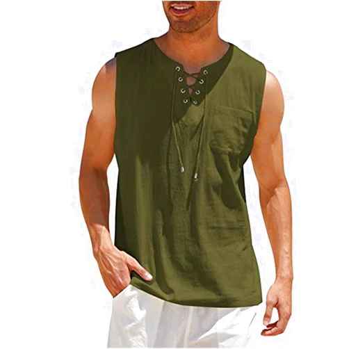 BYQ Men's Cotton Linen Tank Tops Casual Summer Linen Beach Shirts Loose Fit Sleeveless Hippie Viking Tunic, Army Green, XX-Large