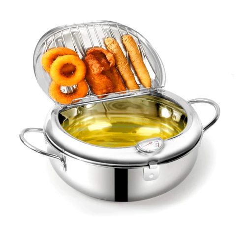 SiegenPro Deep Fryer Pot 304 Stainless Steel Japanese Frying Pot 3.4L/9.4 Inch Tempura Frying Pot with Lid, with Temperature Control Oil Drip Drainer Rack for Fried Chicken, Shrimp, French Chips dip