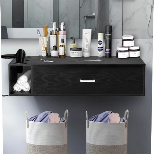 4ever2buy Wall Mount Salon Station, Beauty Salon Stations Equipment with Drawer，Hair Salon Station Cabinet For with Side Open Space, Stylist Salon Stations Storage Cabinets with 3 Hair Dryer Holes, Black